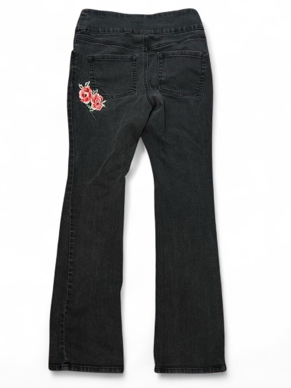 Pioneer Woman Black Pull-on Jeans with Pink Floral Embroidery Small Goth